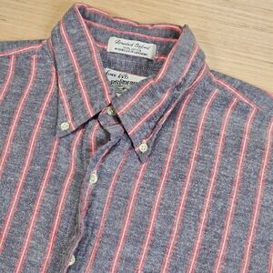 Sears Roebuck Brushed Oxford Mens L Red Gray Vertical Stripe Button Down Shirt